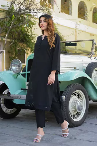 Divena black solid print cotton fabric  shirt kurta with trouser