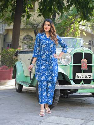 Divena blue floral print cotton fabric kurta with pant 1