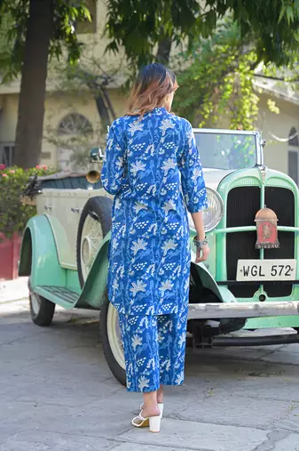 Divena blue floral print cotton fabric kurta with pant