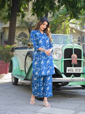 Divena blue floral print cotton fabric kurta with pant 3