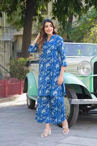 Divena blue floral print cotton fabric kurta with pant