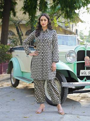 Divena black ethnic printed cotton fabric shirt kurta with trouser 1