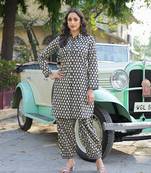 Divena black ethnic printed cotton fabric shirt kurta with trouser