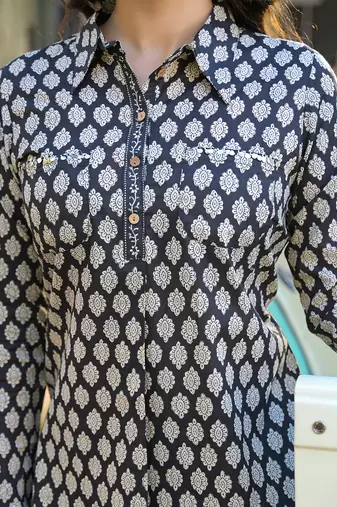 Divena black ethnic printed cotton fabric shirt kurta with trouser