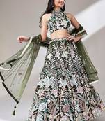 Olive Net Sequin Work Lehenga with Dupatta & Unstitched Blouse