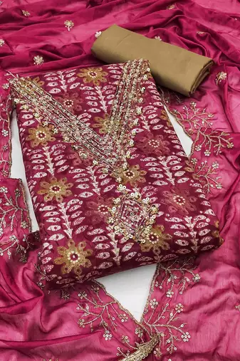 magenta cotton handwork unstitched dress material