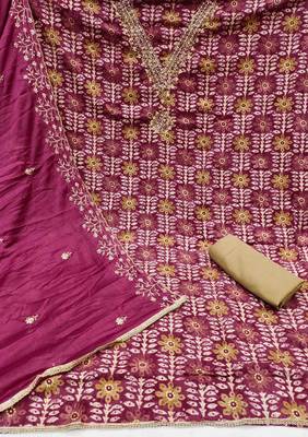 magenta cotton handwork unstitched dress material 3