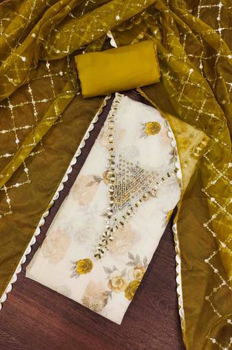 lime viscose banarasi handwork unstitched dress material