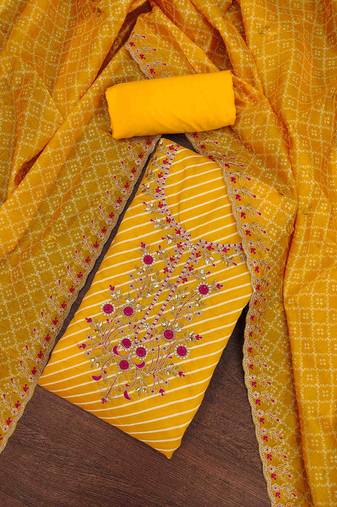 yellow premium cotton embroidered unstitched dress material