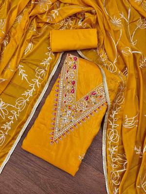 yellow chiffon handwork unstitched dress material 1
