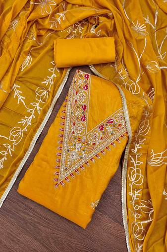 yellow chiffon handwork unstitched dress material