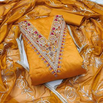 yellow chiffon handwork unstitched dress material 2