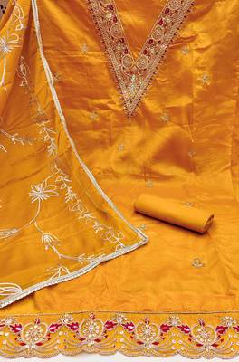yellow chiffon handwork unstitched dress material 3