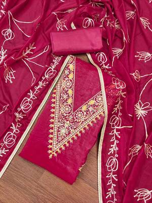 pink chiffon handwork unstitched dress material 1