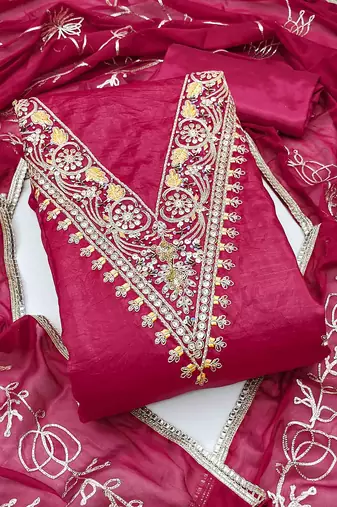 pink chiffon handwork unstitched dress material
