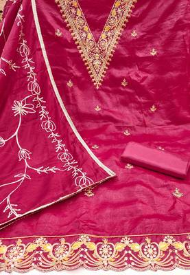 pink chiffon handwork unstitched dress material 3