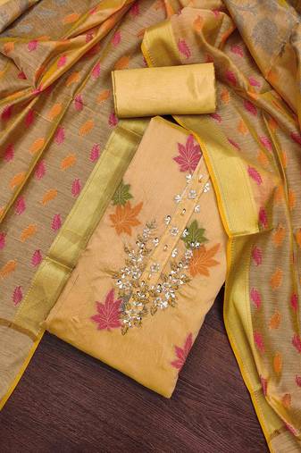 gold banarasi handwork unstitched dress material