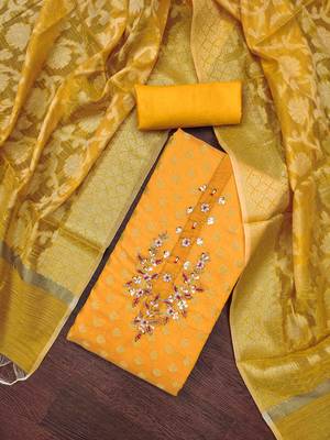 yellow banarasi handwork unstitched dress material 1