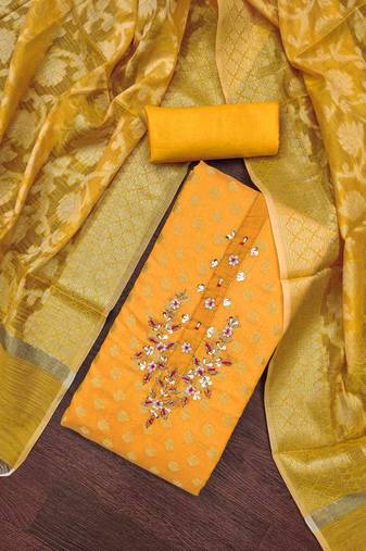 yellow banarasi handwork unstitched dress material