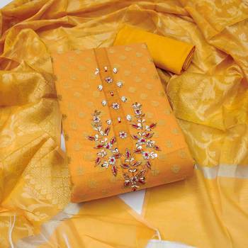 yellow banarasi handwork unstitched dress material 2