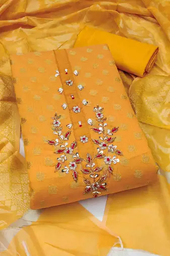 yellow banarasi handwork unstitched dress material
