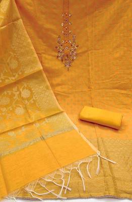 yellow banarasi handwork unstitched dress material 3