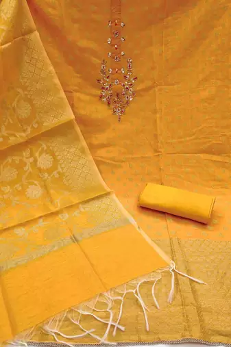 yellow banarasi handwork unstitched dress material