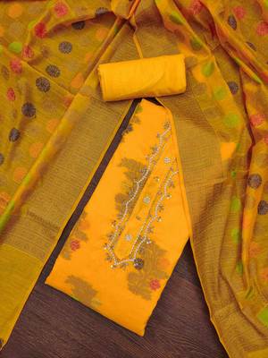 yellow banarasi handwork unstitched dress material 1