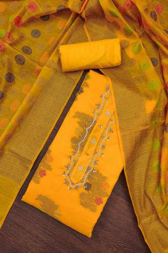 yellow banarasi handwork unstitched dress material