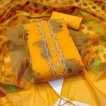 yellow banarasi handwork unstitched dress material 2