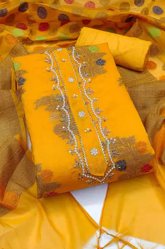 yellow banarasi handwork unstitched dress material