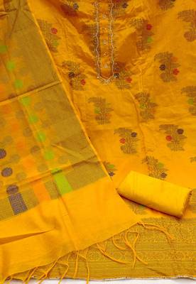 yellow banarasi handwork unstitched dress material 3