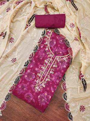 magenta viscose banarasi handwork unstitched dress material 1