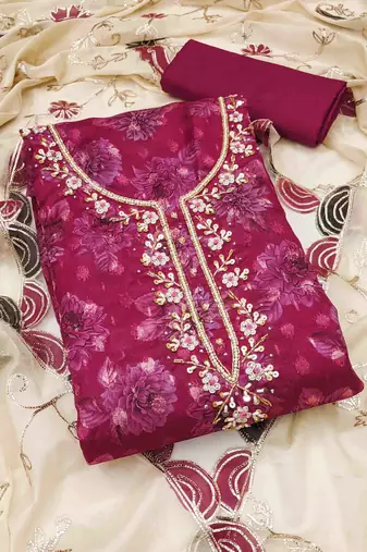 magenta viscose banarasi handwork unstitched dress material