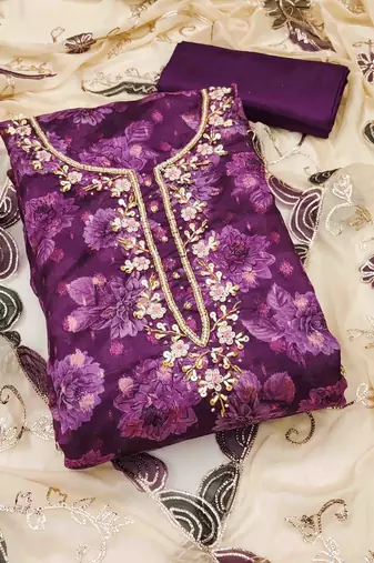 purple viscose banarasi handwork unstitched dress material