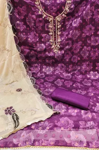 purple viscose banarasi handwork unstitched dress material