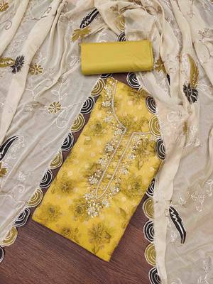 yellow viscose banarasi handwork unstitched dress material 1