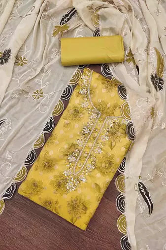 yellow viscose banarasi handwork unstitched dress material