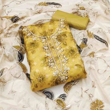yellow viscose banarasi handwork unstitched dress material 2