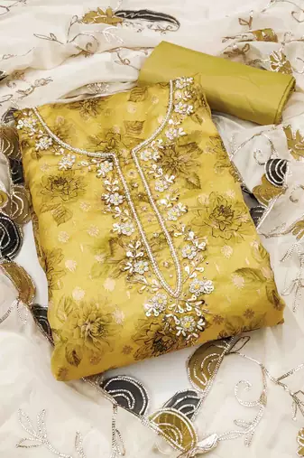 yellow viscose banarasi handwork unstitched dress material