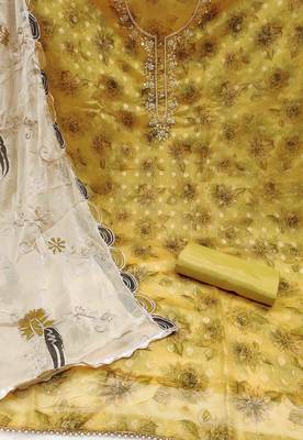 yellow viscose banarasi handwork unstitched dress material 3