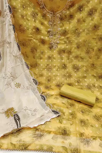yellow viscose banarasi handwork unstitched dress material