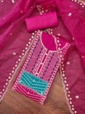 magenta roman cotton silk embroidered unstitched dress material 1