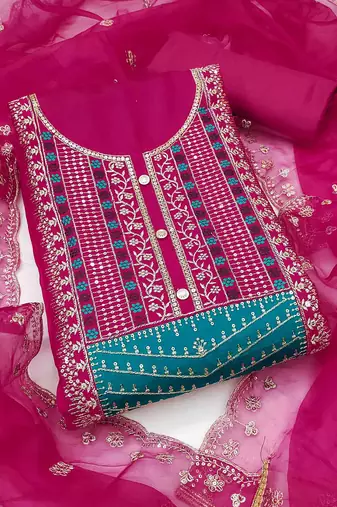 magenta roman cotton silk embroidered unstitched dress material