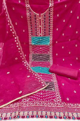 magenta roman cotton silk embroidered unstitched dress material 3