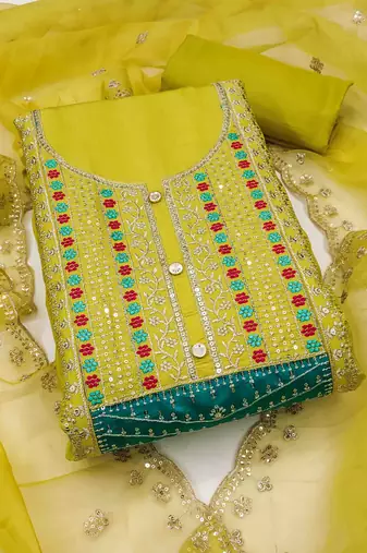 lime roman cotton silk embroidered unstitched dress material