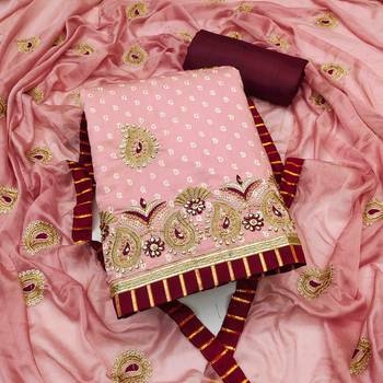 peach roman cotton silk embroidered unstitched dress material 2