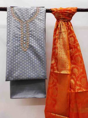 grey banarasi jacquard handwork unstitched dress material 2