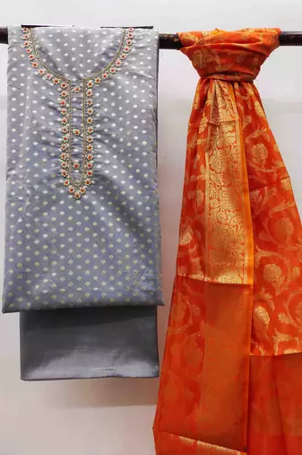 grey banarasi jacquard handwork unstitched dress material