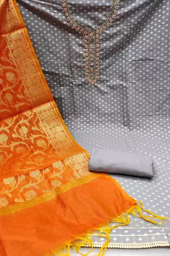 grey banarasi jacquard handwork unstitched dress material